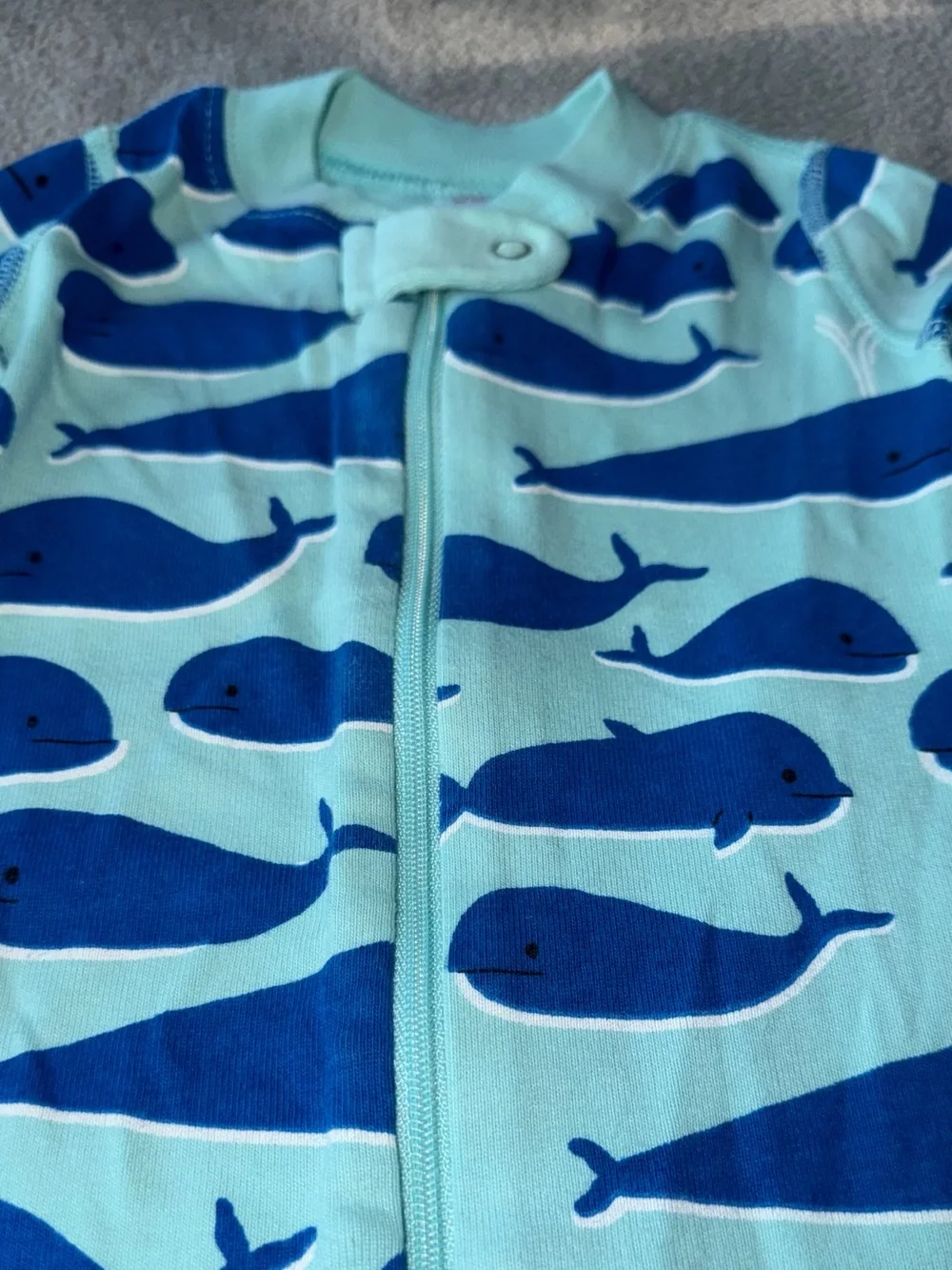 Hanna Andersson Blue Whale Print One-Piece Romper in Aqua and Navy